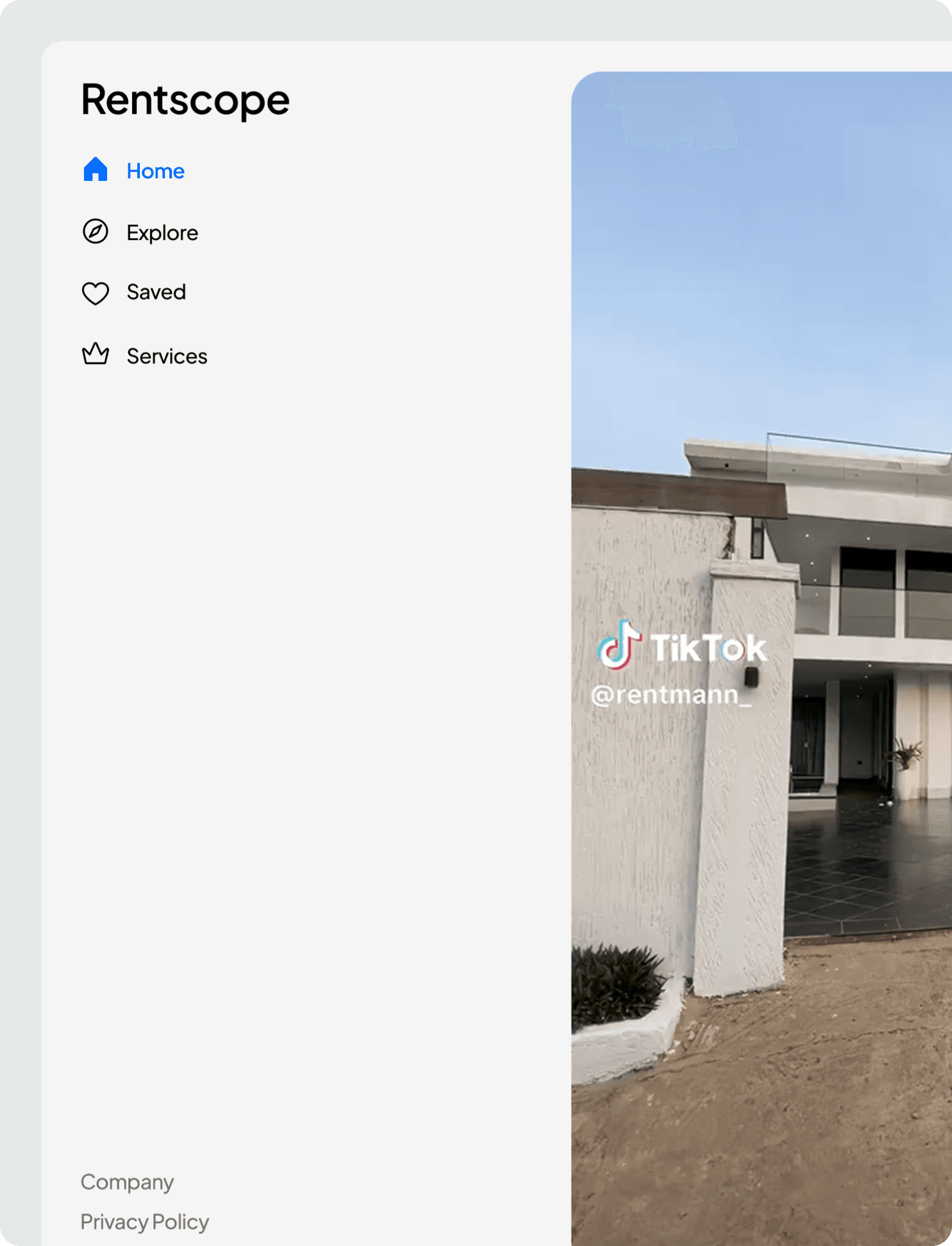 RentScope Lite rental discovery preview, with Home, Explore, Saved, and Services navigation alongside a property video