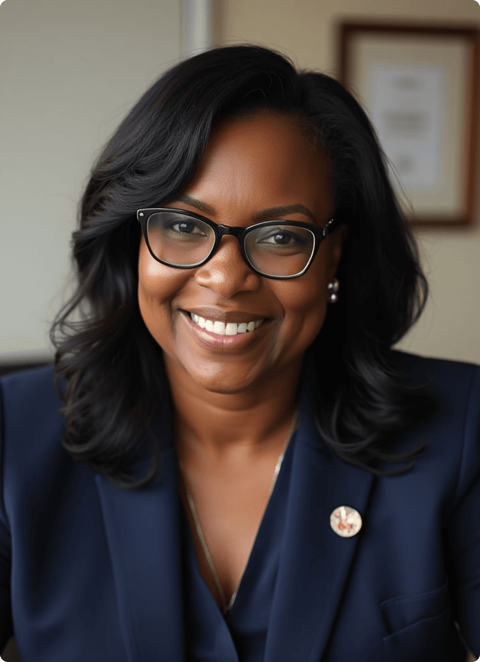 A smiling woman wearing glasses and a navy blazer